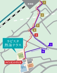 徒歩でのアクセスは赤線（階段あり）と青線（坂道）の2パターンございます。各番号の詳細なルートは、下記以降の写真にてご案内しております。